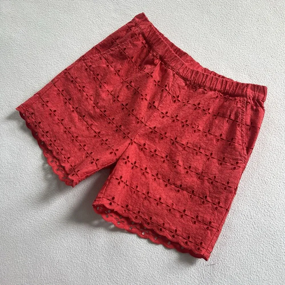 Hanna Andersson Tomato Red Scallop Embroidered Pull On Airy Eyelet Shorts 150 12